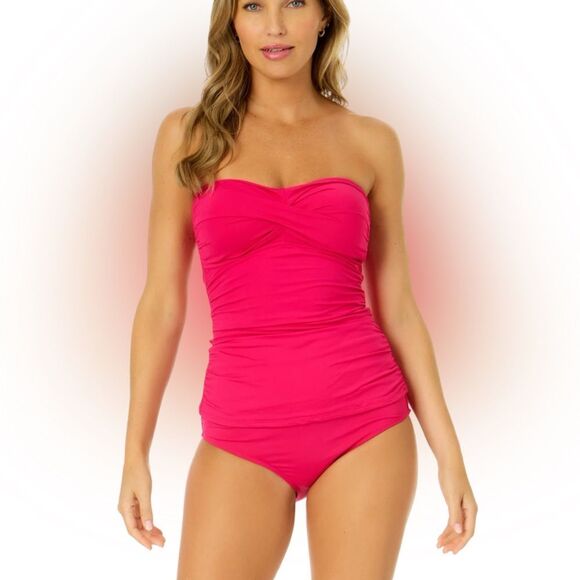 ANNE COLE Bright Pink Live In Color Twist Front Bandeaukini Swim Top Sz Large - Picture 1 of 13